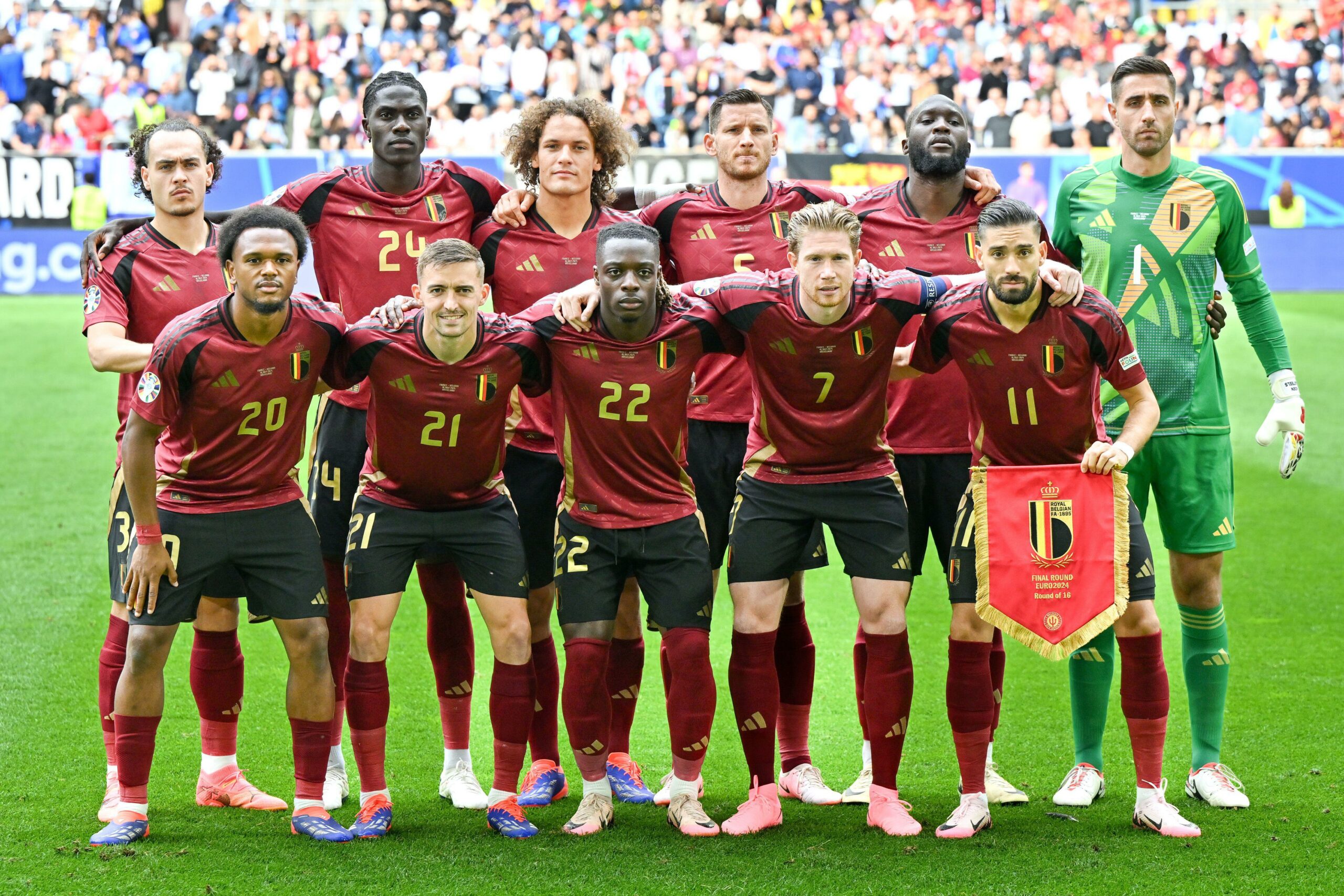 players of Belgium with Arthur Theate (3) of Belgium, Amadou Onana (24) of Belgium, Wout Faes (4) of Belgium, Jan Vertonghen (5) of Belgium, Romelu Lukaku (10) of Belgium, goalkeeper Koen Casteels (1) of Belgium, Lois Openda (20) of Belgium, Timothy Castagne (21) of Belgium, Jeremy Doku (22) of Belgium, Kevin De Bruyne (7) of Belgium and Yannick Carrasco (11) of Belgium pose for a team photo during a soccer game between the national teams of France, called les Bleus and Belgium, called the Red Devils in a round of 16 knock out game of the UEFA Euro 2024 tournament , on Monday 1 July 2024 in D