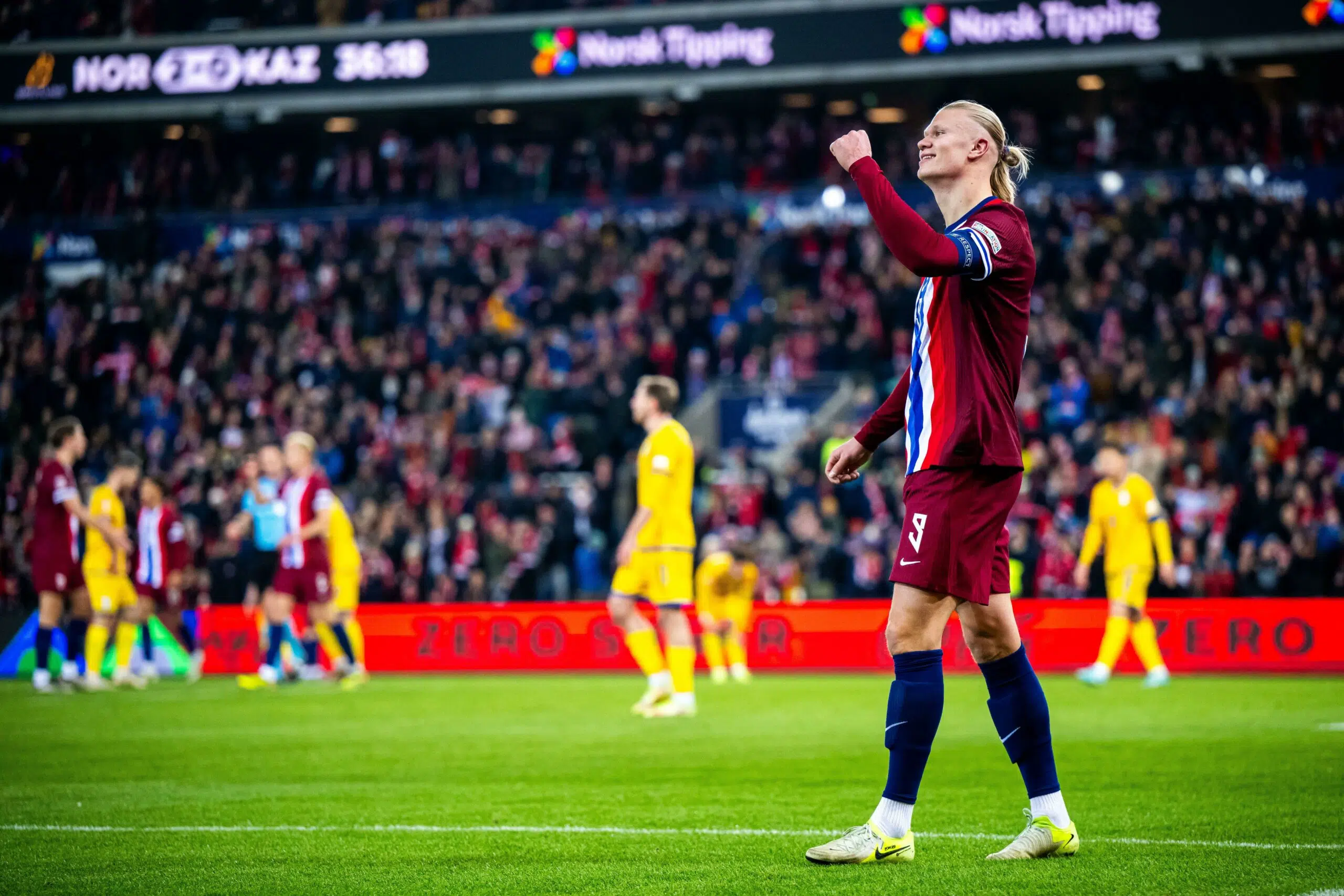 241117 Erling Braut Haaland of Norway celebrates scoring 2-0 during the Nations League football match between Norway and Kazakhstan on November 17, 2024 in Oslo. Photo: Marius Simensen / BILDBYRÅN / COP 238 / VG0696 bbeng fotboll football soccer fotball nations league landskamp norge norway kasakhstan kazakhstan jubel (Photo by MARIUS SIMENSEN/Bildbyran/Sipa USA)