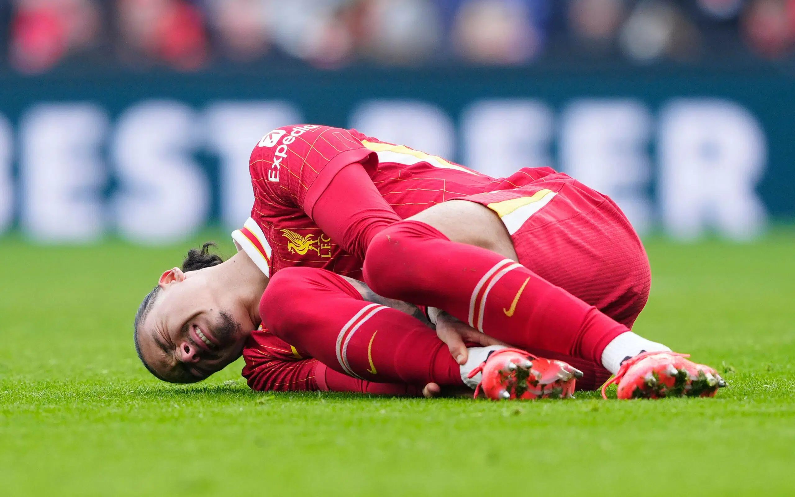 Liverpool's Darwin Nunez injured during the Emirates FA Cup third round match at Anfield, Liverpool. Picture date: Saturday January 11, 2025.