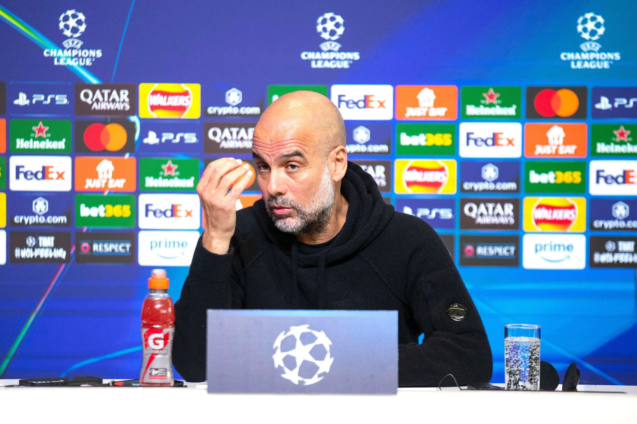 Manchester City F.C. manager Pep Guardiola during a press conference at Manchester City's training ground at the Joie Stadium, Manchester on the eve of their UEFA Champions League football match against Real Madrid on Monday 10th February 2025. (Photo: Mike Morese | MI News) Credit: MI News & Sport /Alamy Live News
