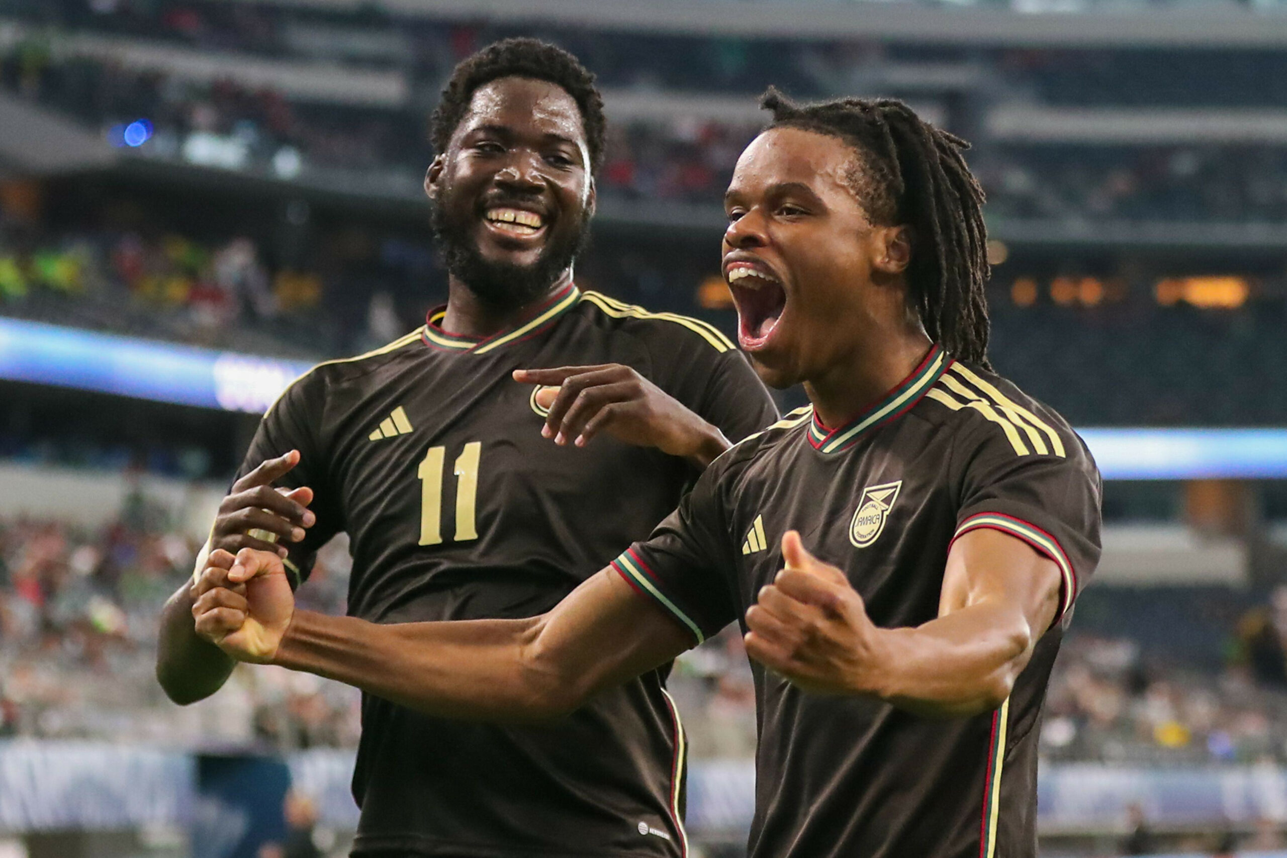 Arlington, Texas, USA. 24th Mar, 2024. Jamaica's SHAMAR NICHOLSON (11) and DEXTER LEMBIKISA (2) celebrate Lembikisa's goal during their Concacaf Nations League match on Sunday at AT&T Stadium in Arlington, Texas. (Credit Image: © Brian McLean/ZUMA Press Wire) EDITORIAL USAGE ONLY! Not for Commercial USAGE! Credit: ZUMA Press, Inc./Alamy Live News