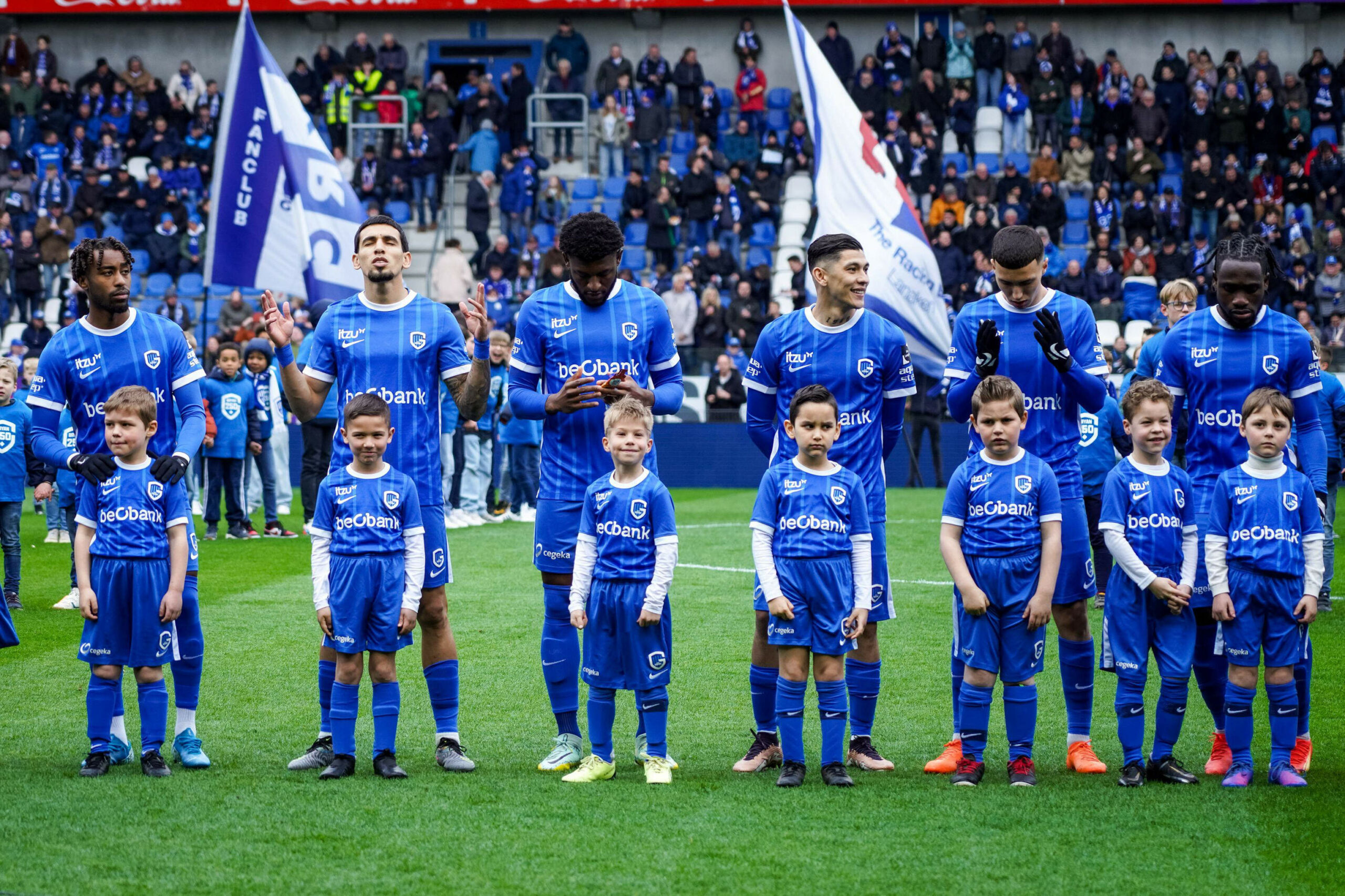 Genk, Belgium. 02nd Apr, 2023. GENK, BELGIUM - APRIL 2: Mike Tresor of KRC Genk, Daniel Munoz of KRC Genk, Mark McKenzie of KRC Genk, Gerardo Arteaga of KRC Genk, Bilal El Khannous of KRC Genk and Joseph Paintsil of KRC Genk line up during the Jupiler Pro League match between KRC Genk and OH Leuven at the Cegeka Arena on April 2, 2023 in Genk, Belgium (Photo by Jeroen Meuwsen/Orange Pictures) Credit: Orange Pics BV/Alamy Live News