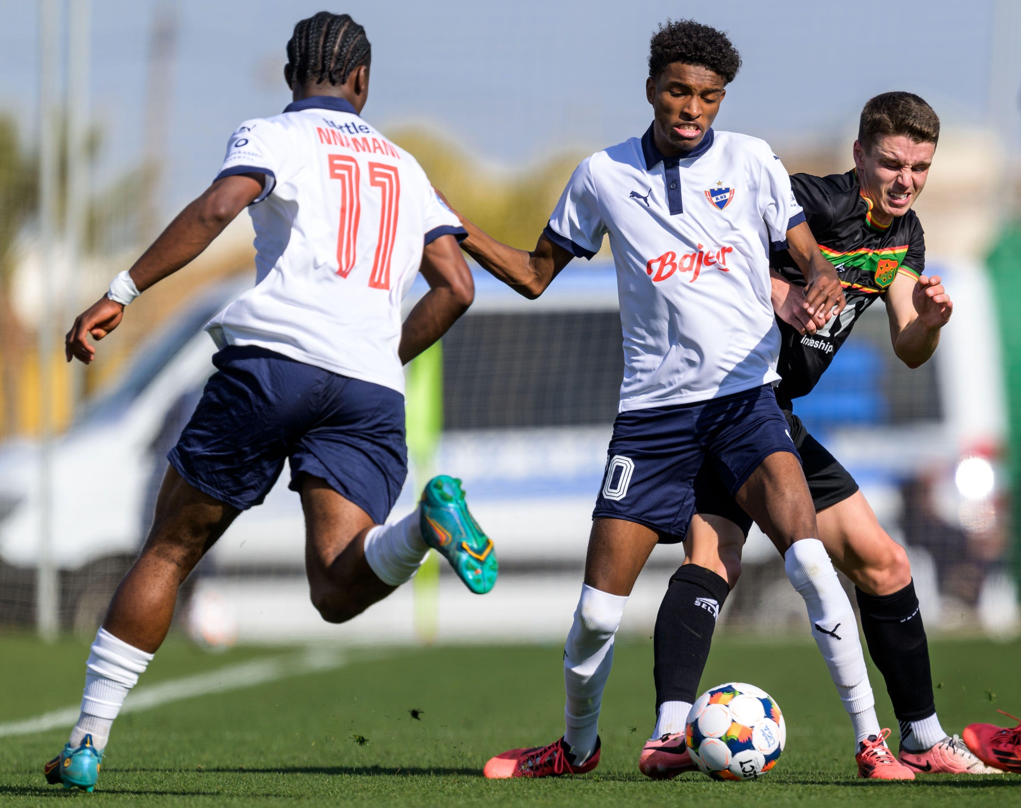 Albir, Spain. 06th Feb, 2025. 250206 Osman Addo of B.93 and Oskar Ågren of GAIS during the friendly football match between GAIS and B.93 on February 6, 2025 in Albir. Photo: Mathilda Ahlberg/BILDBYRÅN/kod MA/MA0787 fotboll football soccer fotball träningsmatch friendly match gais b.93 bbeng (Photo by MATHILDA AHLBERG/Bildbyran/Sipa USA) Credit: Sipa US/Alamy Live News