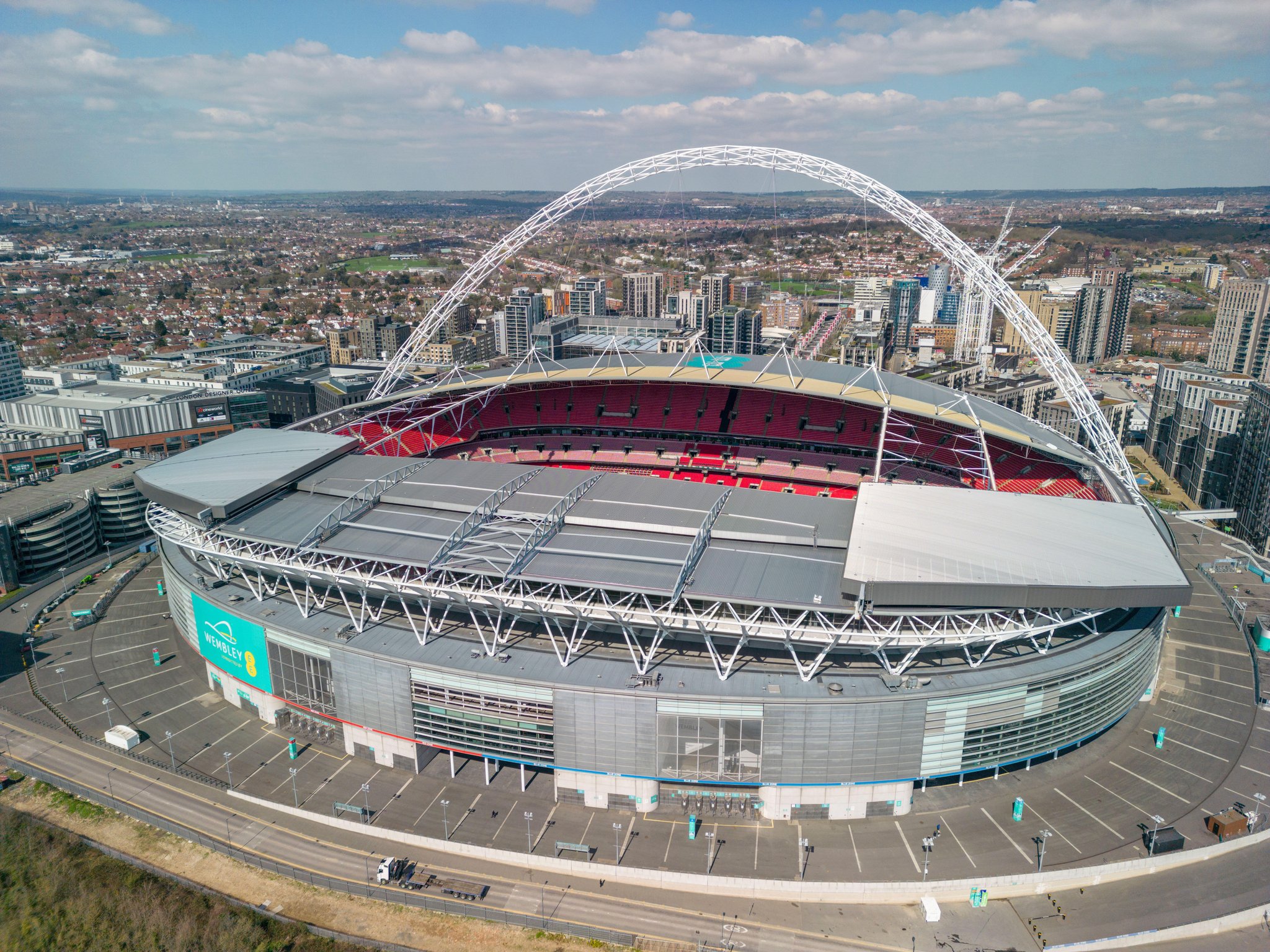 Aerial view of Wembley Stadium, home to England football, Wembley, London, UK.