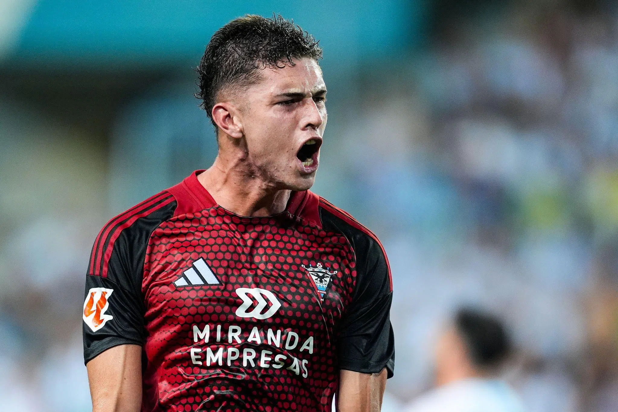 Joaquin Panichelli of CD Mirandes celebrates a goal during the Spanish league, LaLiga Hypermotion, football match played between Malaga CF and CD Mirandes at La Rosaleda stadium on August 24, 2024, in Malaga, Spain. AFP7 24/08/2024 (Europa Press via AP)