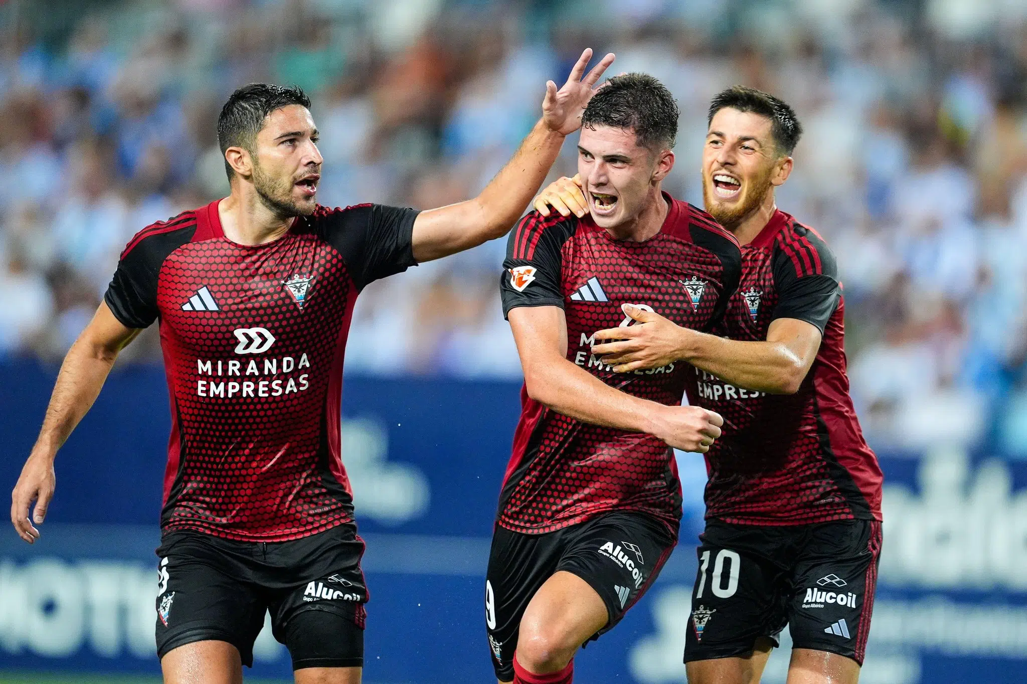 Joaquin Panichelli of CD Mirandes celebrates a goal during the Spanish league, LaLiga Hypermotion, football match played between Malaga CF and CD Mirandes at La Rosaleda stadium on August 24, 2024, in Malaga, Spain. AFP7 24/08/2024 (Europa Press via AP)