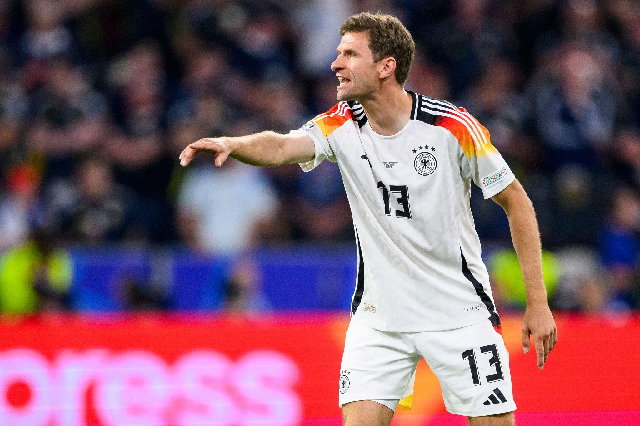 Munich, Germany. 14th June, 2024. Soccer: UEFA Euro 2024, European Championship, Germany - Scotland, Preliminary round, Group A, Matchday 1, Munich Football Arena, Germany's Thomas Müller gesticulates. Credit: Tom Weller/dpa/Alamy Live News