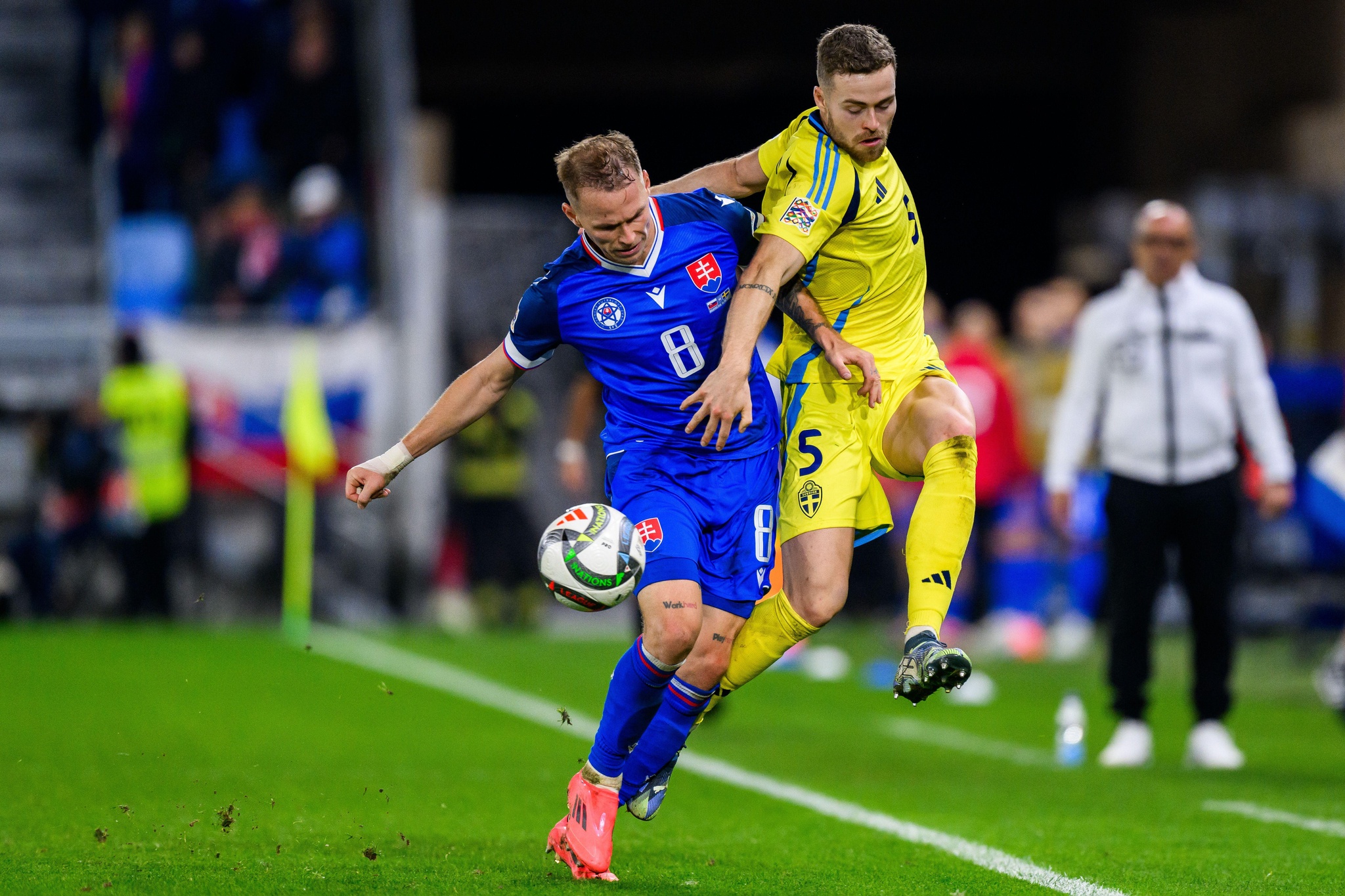 Ondrej Duda of, Slovakia. , . and Gabriel Gudmundsson of Sweden during the Nations League football match between Slovakia and Sweden on October 11, 2024 in Bratislava. Photo: Joel Marklund/BILDBYRÅN/kod JM/JM0607 bbeng fotboll football soccer fotball nations league uefa nations league slovakien slovakia sverige sweden sverige a (Photo by JOEL MARKLUND/Bildbyran/Sipa USA) Credit: Sipa US/Alamy Live News