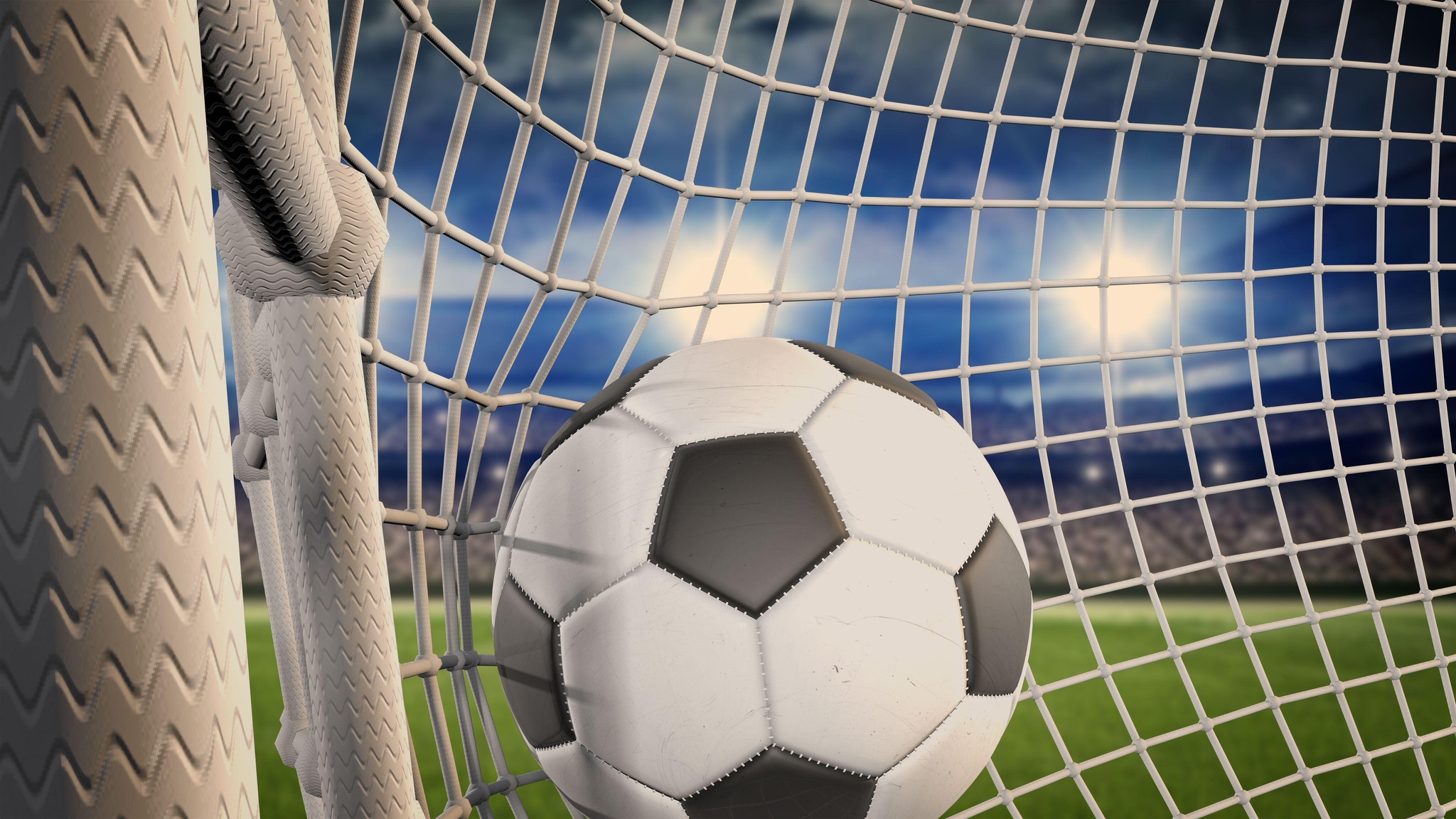 Football Stadium. The soccer ball flies into the net. 3d.