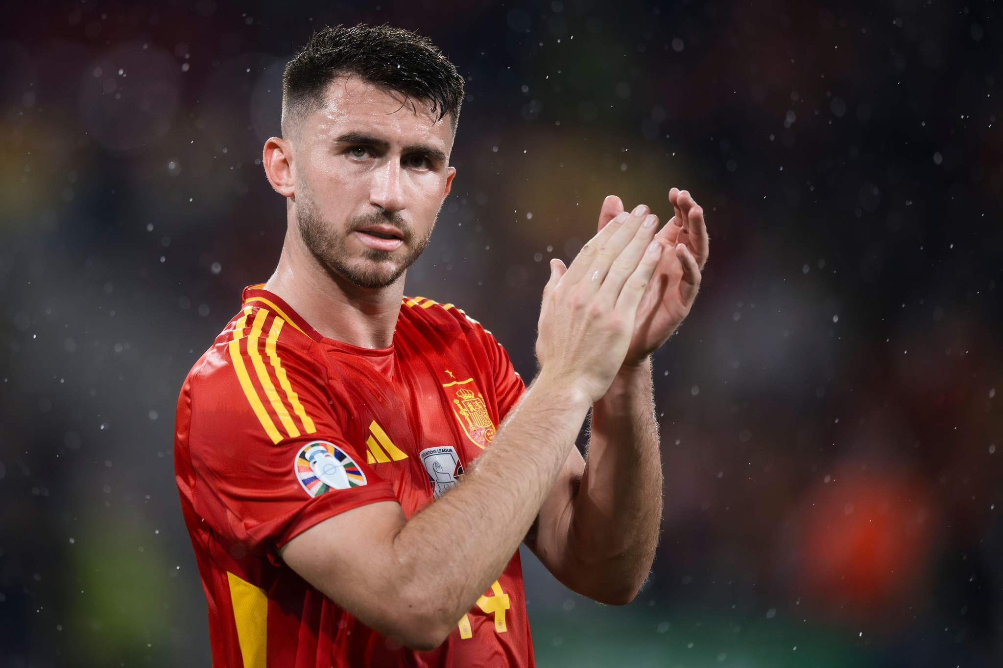 Cologne, Germany. 30 June 2024. Aymeric Laporte of Spain gestures at the end of the UEFA EURO 2024 round of 16 football match between Spain and Georgia. Credit: Nicolò Campo/Alamy Live News