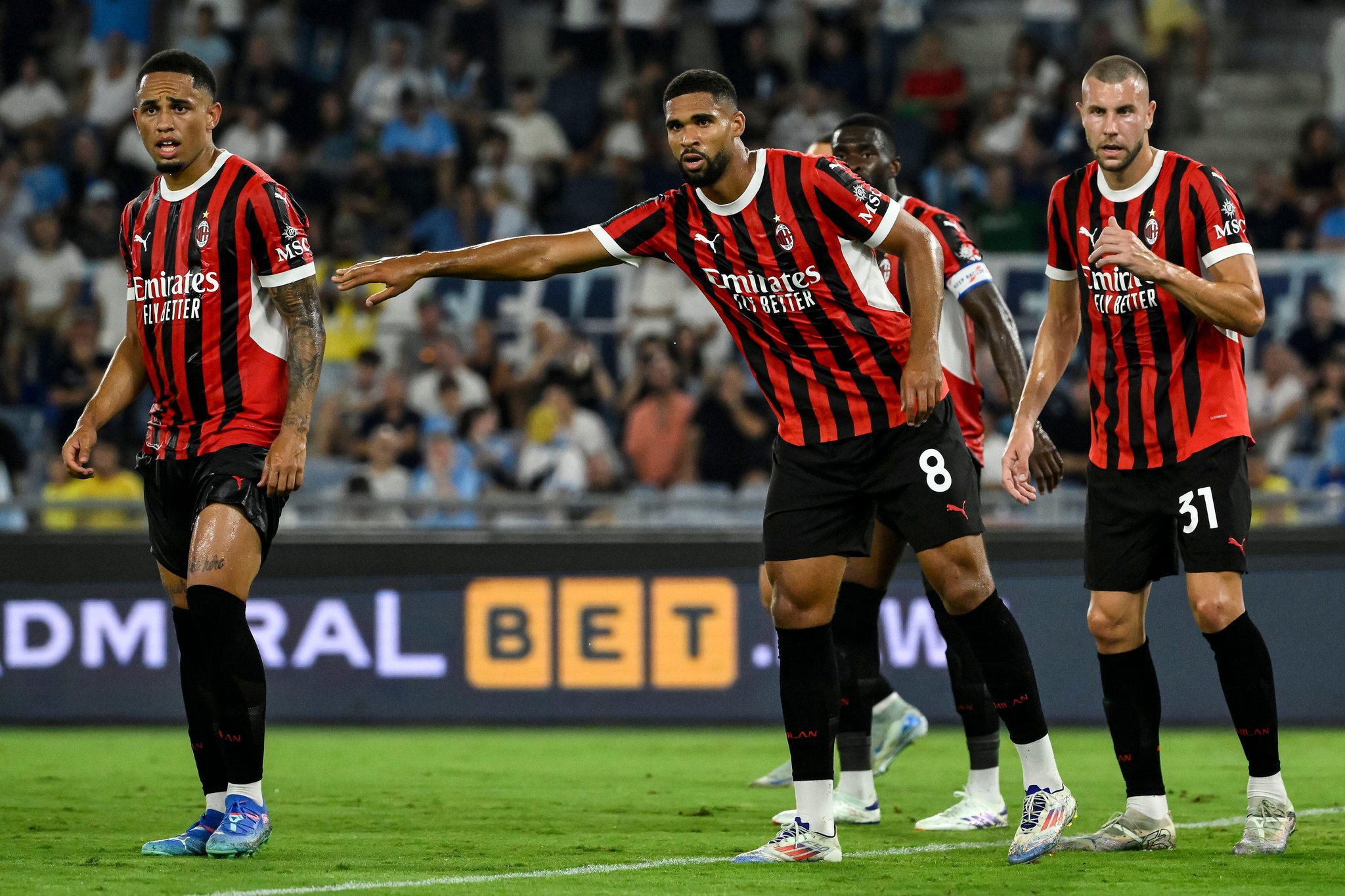 Noah Okafor, Ruben Loftus-Cheek and Strahinja Pavlovic of AC Milan during the Serie A football match between SS Lazio and AC Milan at Olimpico stadium in Rome (Italy), August 31, 2024.