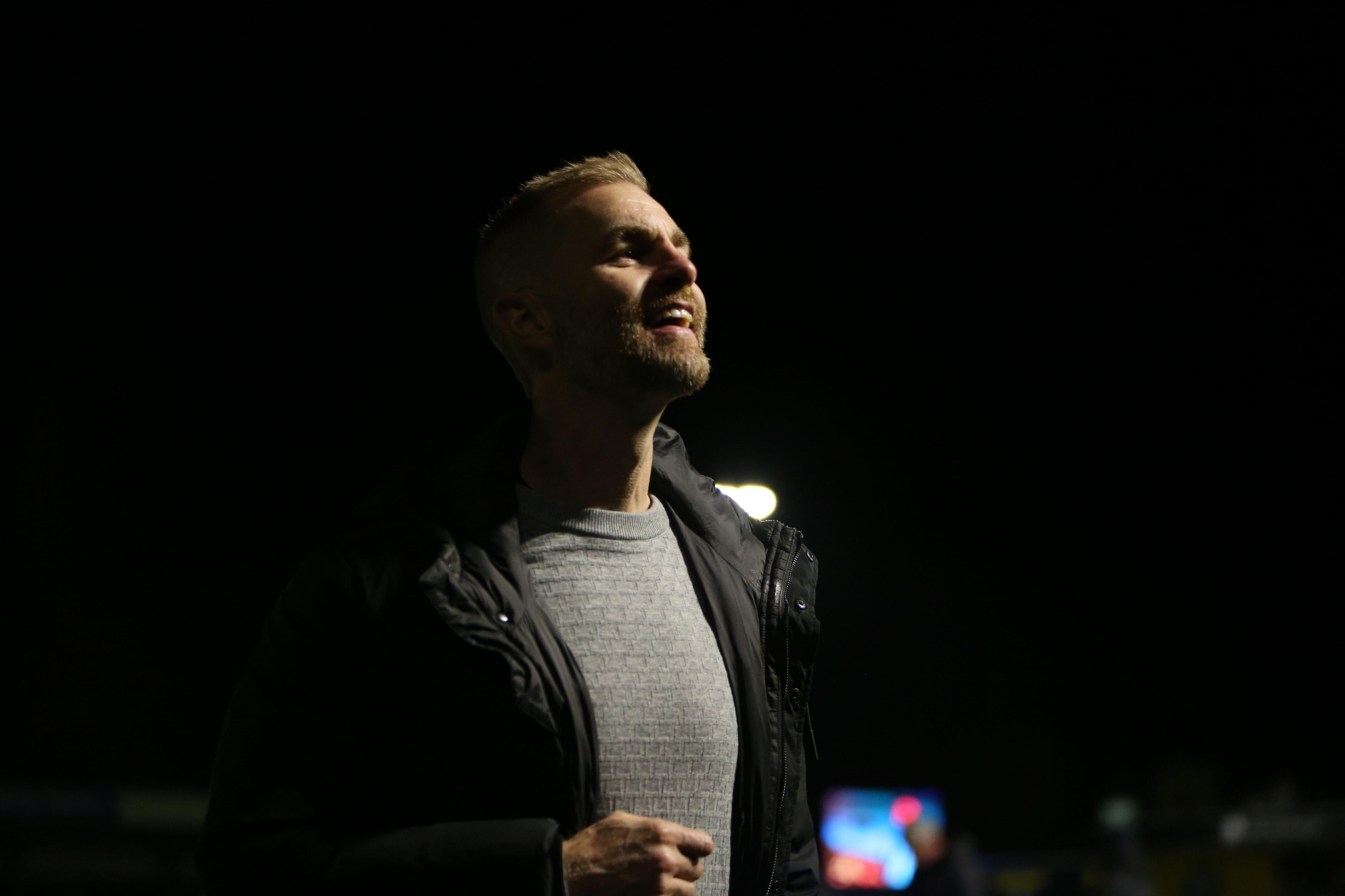 Harrogate Town Manager Simon Weaver celebrates at full time during the Sky Bet League 2 match between Harrogate Town and Doncaster Rovers at Wetherby Road, Harrogate on Thursday 12th September 2024. (Photo: Michael Driver