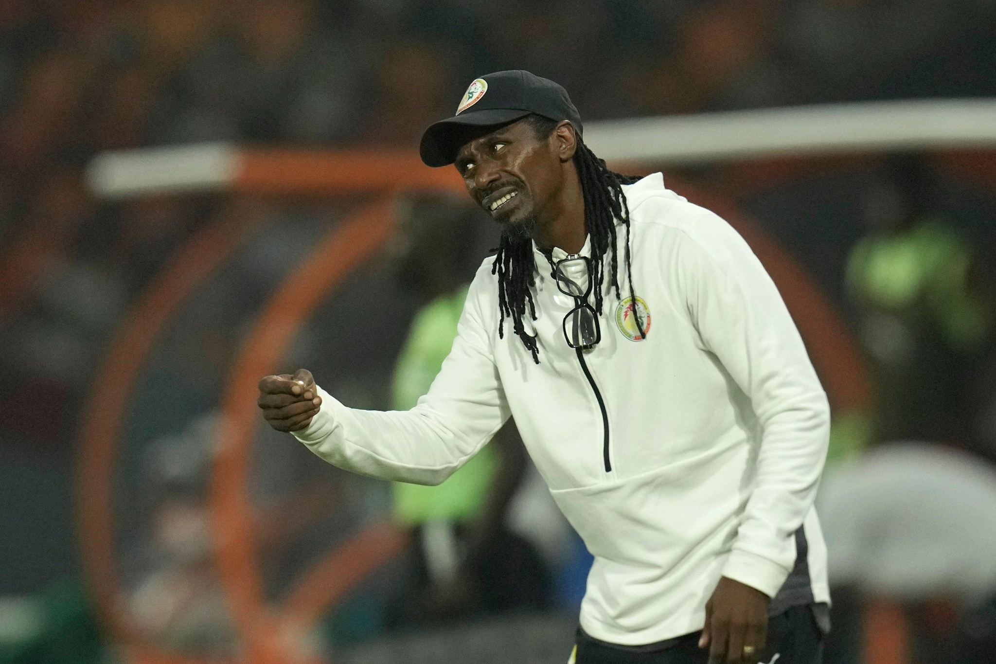 Senegal's head coach Aliou Cisse reacts during the African Cup of Nations round of 16 soccer match between Senegal and Ivory Coast, at the Charles Konan Banny stadium in Yamoussoukro, Ivory Coast, Monday, Jan. 29, 2024. (AP Photo/Themba Hadebe)