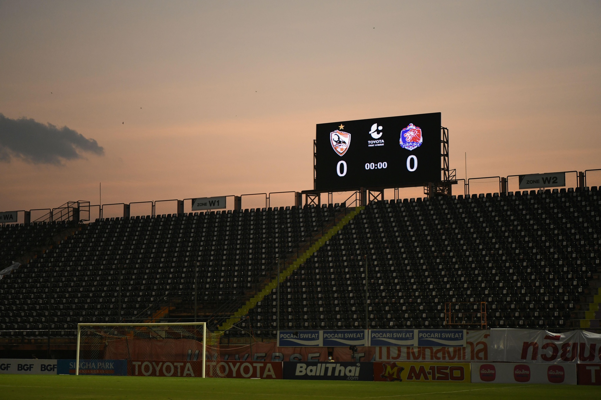 The scoreboard during the Thai League 2020 match between Chiangrai United and Port FC at Singha Stadium.(final score; Chiangrai United 1:2 Port FC)