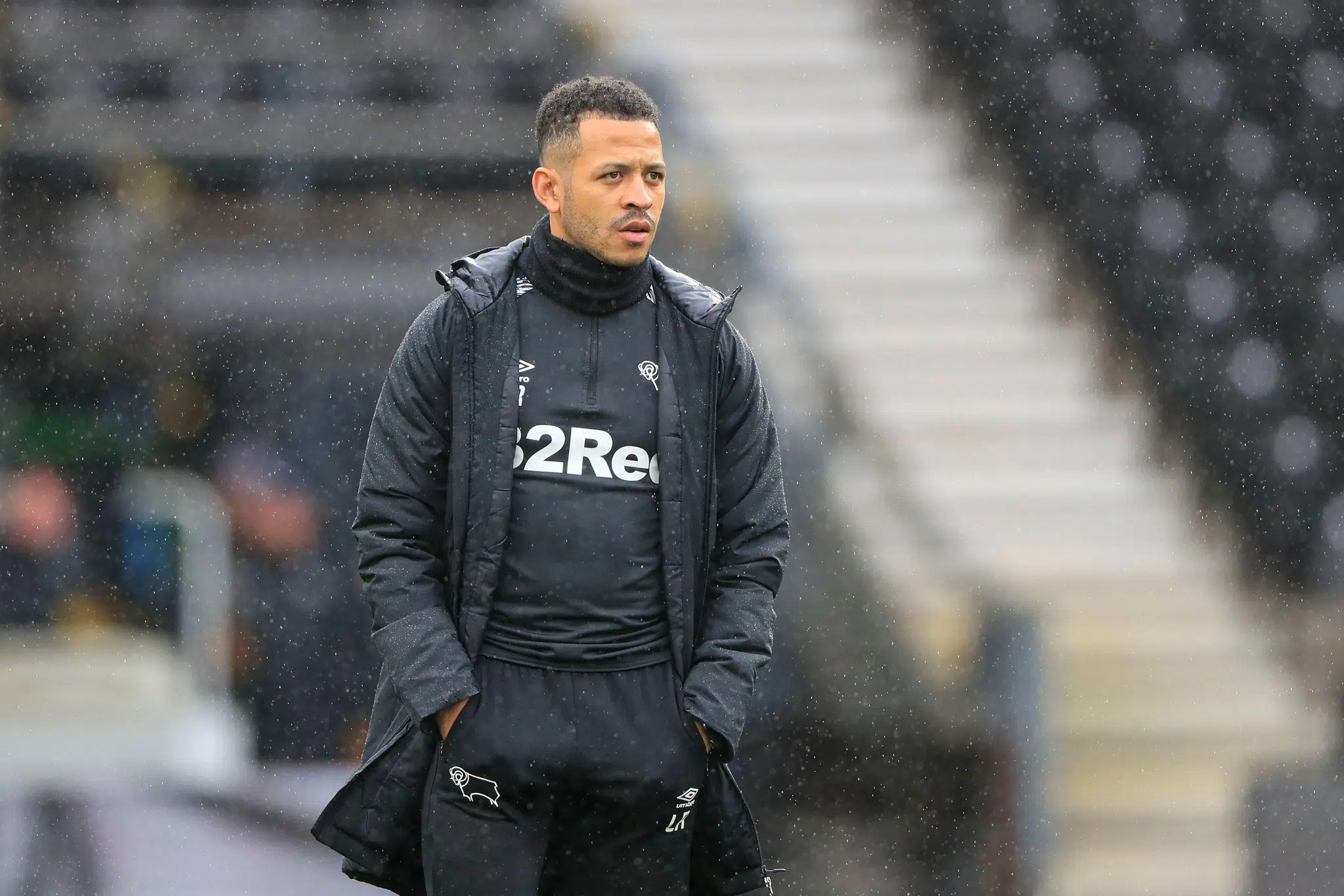 Liam Rosenior the Derby County assistant manager during the warm up for the game