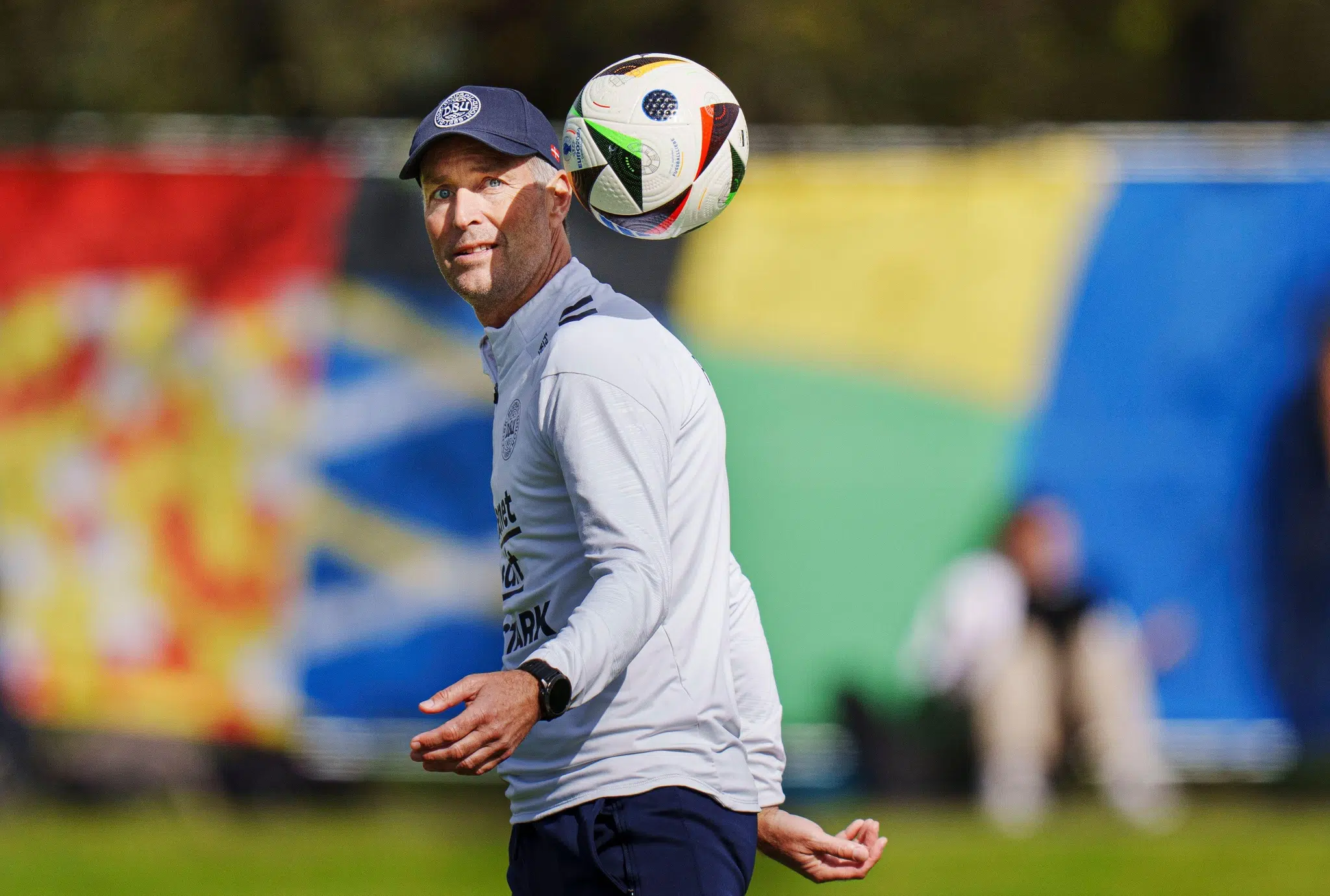 Denmark's national coach Kasper Hjulmand attends a training session of the soccer national team in Freudenstadt, Germany, Tuesday, June 11, 2024, ahead of the Euro 2024 European soccer Championships. (Liselotte Sabroe/Ritzau Scanpix via AP)