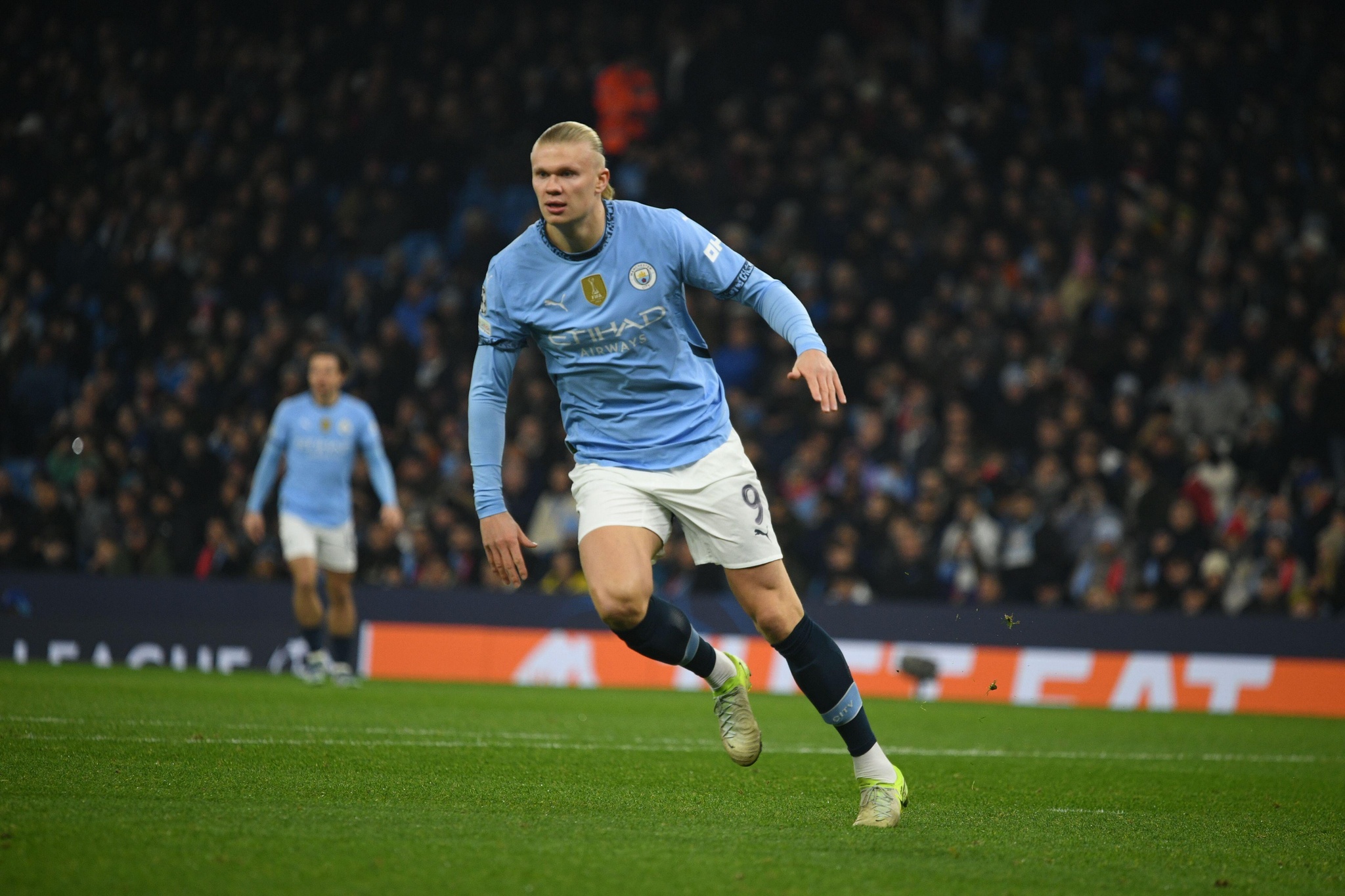 Erling Haaland in action during the UEFA 2024 Champions League group match between Manchester City and Feyenoord, City of Manchester Stadium, November 26th, 2024 Featuring: Erling Haaland Where: Manchester, United Kingdom When: 26 Nov 2024 Credit: Anthony Stanley/WENN