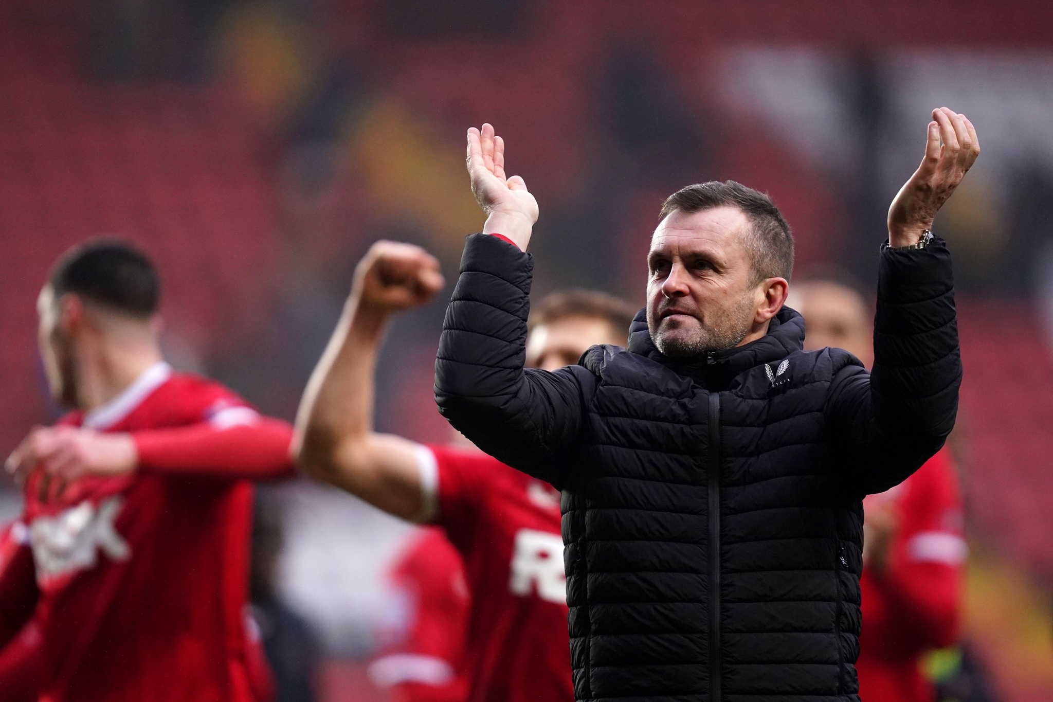 Charlton's manager Nathan Jones celebrates after the Sky Bet League One match at The Valley, London. Picture date: Saturday February 8, 2025.