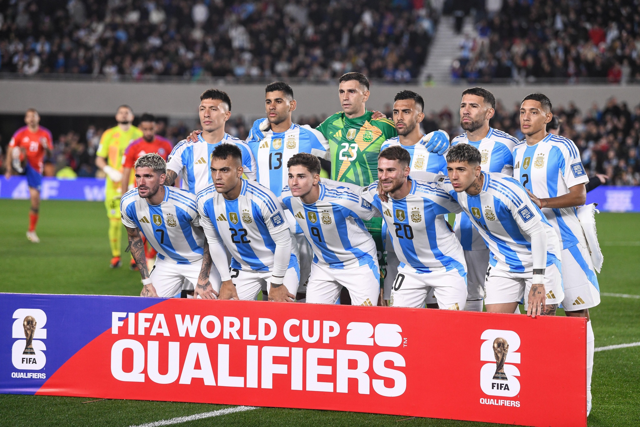BUENOS AIRES, ARGENTINA - SEPTEMBER 05: Argentina national team photo (L-R) Lisandro Martínez, Cristian Romero, Emiliano Martínez, Nicolal Gonzalez, N