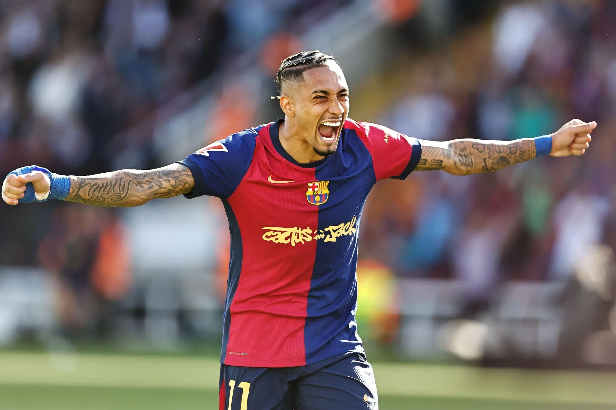 Barcelona, Spain. 11th May, 2025. Raphinha (Barcelona) Football/Soccer : Raphinha celebrates before Fermin Lopez's goal is rescinded during Spanish "LaLiga EA Sports" match between FC Barcelona 4-3 Real Madrid CF at the Estadi Olimpic Lluis Companys in Barcelona, Spain . Credit: Mutsu Kawamori/AFLO/Alamy Live News