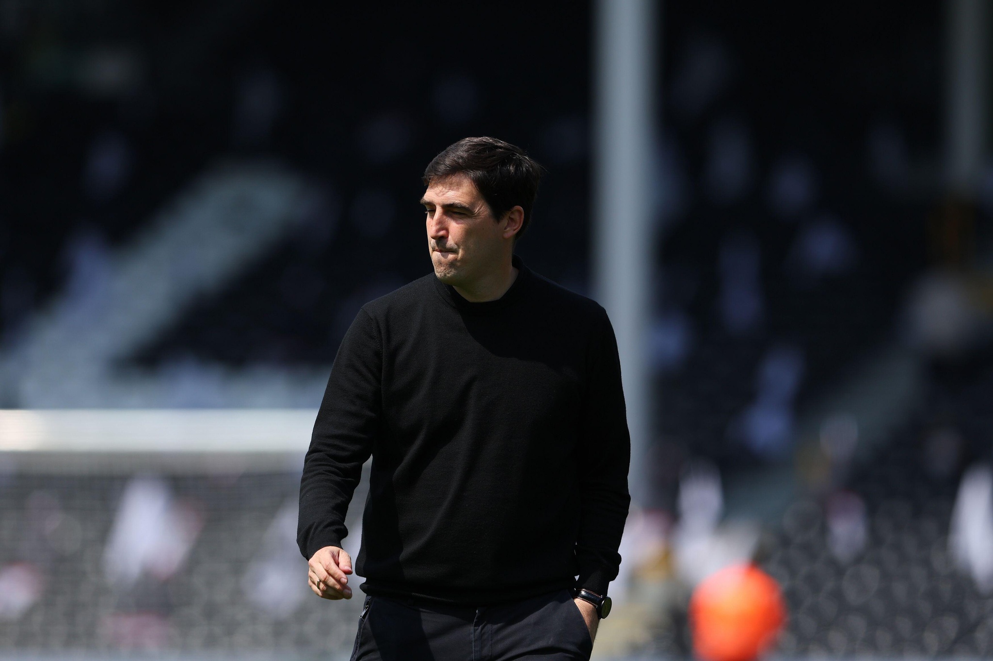 Craven Cottage, Fulham, London, UK. 9th May, 2026. Premier League Football, Fulham versus Bournemouth; AFC Bournemouth manager Andoni Iraola inspecting the pitch before kick off Credit: Action Plus Sports/Alamy Live News