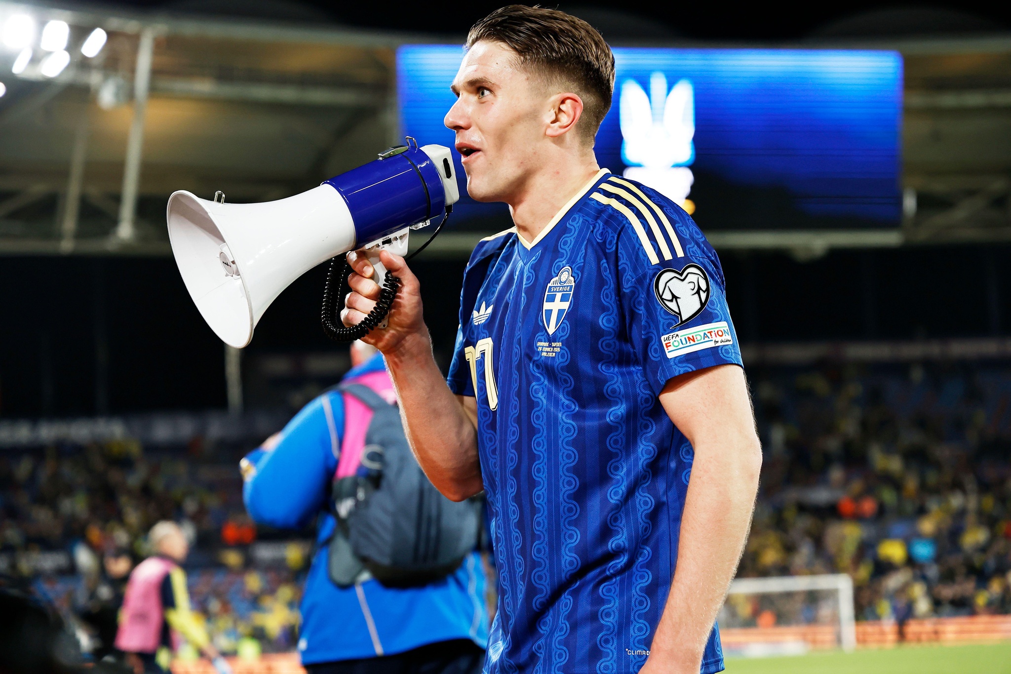 Valencia, Spain. 26th Mar, 2026. Viktor Gyokeres (SWE) Football/Soccer : Gyokeres celebrate after winning The 2026 FIFA World Cup European qualifiers KO play-offs match between Ukraine - Sweden at the Estadi Ciutat de Valencia in Valencia, Spain . Credit: Mutsu Kawamori/AFLO/Alamy Live News